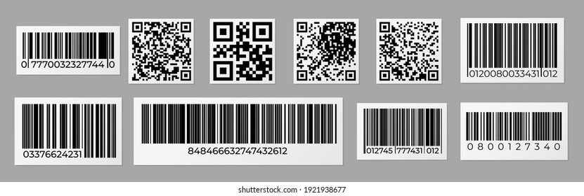 Barcode and QR code. Product price sticker with stripped identification mark for retail, data bar number.  inventory tag set or label products with scanner labeled information identity products