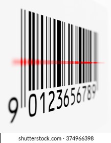 Barcode  Scanned By Red Laser Beam. Isolated On White. Selective Focus.