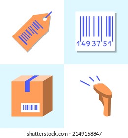 Barcode tags and scanner icon set in flat style. 