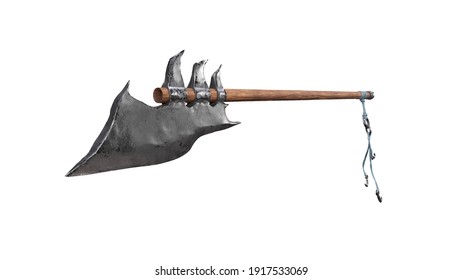 Bardiche Long Poleaxe Weapon Top view. on white. 3D render