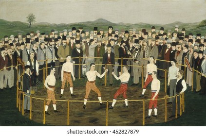 Bare Knuckles, by George A. Hayes, c. 1870-85, American painting, oil paint on paperboard on wood panel. This painting probably commemorates a boxing match, which is dated by the style of cloth