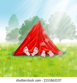 The barefoot feet of two children or a couple look out of a red tent in the morning fog on a green meadow with trees in the background.