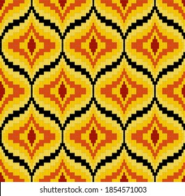 Bargello Seamless Pattern In Yellow And Red Colors, Traditional Italian Embroidery, Florentine Pattern, Punto Unghero, Imitation Of Needlepoint Embroidery