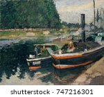 Barges at Pontoise, by Camille Pissarro, 1876, French impressionist painting, oil on canvas. The barges transported goods on the Oise River to the port of Pontoise, where the artist lived