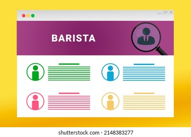 Barista logo in header of site. Barista text on job search site. Online with Barista resume. Jobs in browser window. Internet job search concept. Employee recruiting metaphor - Powered by Shutterstock