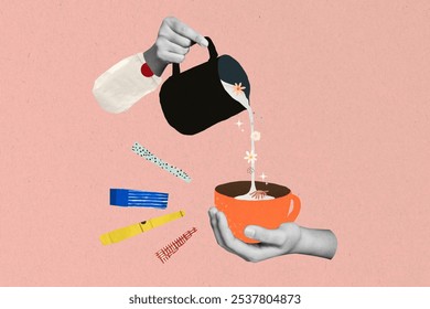 Barista making coffee, hospitality job collage. Coffee drinks paper collage background. Cute aesthetic food paper collage design background. Barista drinks coffee collage with textured background. - Powered by Shutterstock