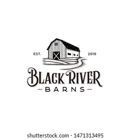 barn by the river, a vintage style logo in a hand drawing