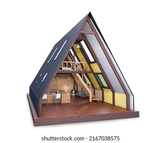 Barn House Style Cut, View Of The Kitchen And Living Room. 3d Illustration