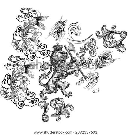 baroq pattern in the background and lion pattern drawing in the front