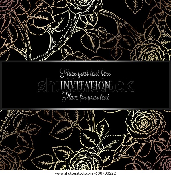 Baroque background with antique, luxury black\
and metal gold vintage frame, victorian banner, ornamental lace\
intricate wallpaper, invitation card, baroque style booklet, lace\
decoration,\
textile.