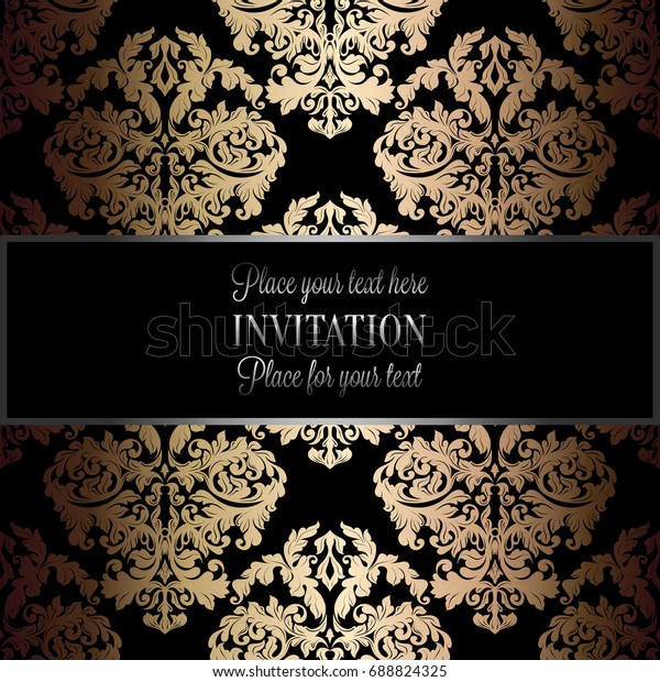 Baroque background with antique, luxury black and\
gold vintage frame, victorian banner, damask floral wallpaper\
ornaments, invitation card, baroque style booklet, fashion pattern,\
template for\
design.