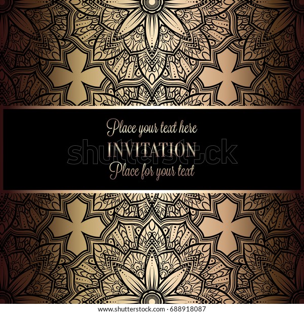 Baroque background with antique, luxury black and
gold vintage frame, victorian banner, damask floral wallpaper
ornaments, invitation card, baroque style booklet, fashion pattern,
template for
design.