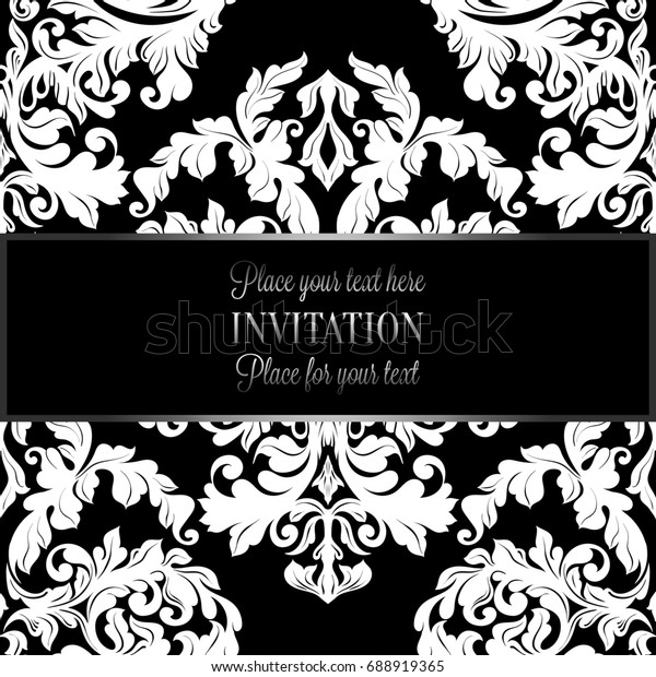 Baroque background with antique, luxury black and\
white vintage frame, victorian banner, damask floral wallpaper\
ornaments, invitation card, baroque style booklet, fashion pattern,\
template for\
design