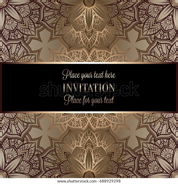 Baroque background with antique, luxury black and\
gold vintage frame, victorian banner, damask floral wallpaper\
ornaments, invitation card, baroque style booklet, fashion pattern,\
template for\
design.