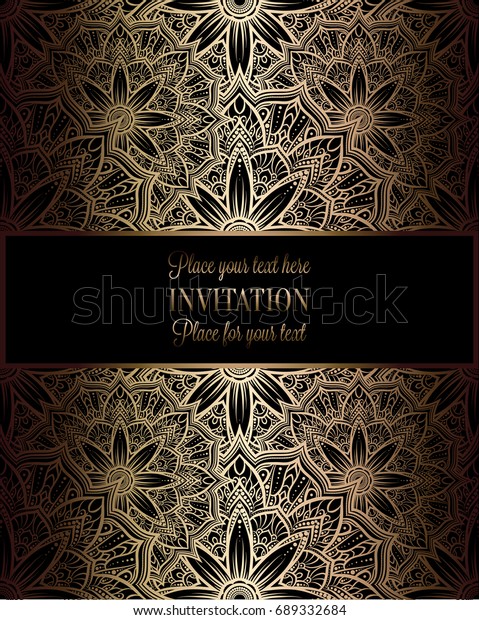 Baroque background with antique, luxury black and
gold vintage frame, victorian banner, damask floral wallpaper
ornaments, invitation card, baroque style booklet, fashion pattern,
template for
design.