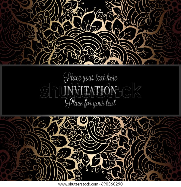 Baroque background with antique, luxury black\
and metal gold vintage frame, victorian banner, damask intricate\
wallpaper ornaments, invitation card, baroque style booklet, lace\
decoration,\
textile.