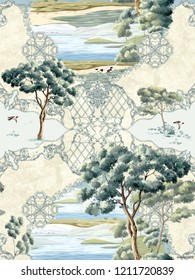 Baroque Damask Pattern, Delicate Mechanism, Delicate Shading, Elegant Pattern,Trees And Lakes