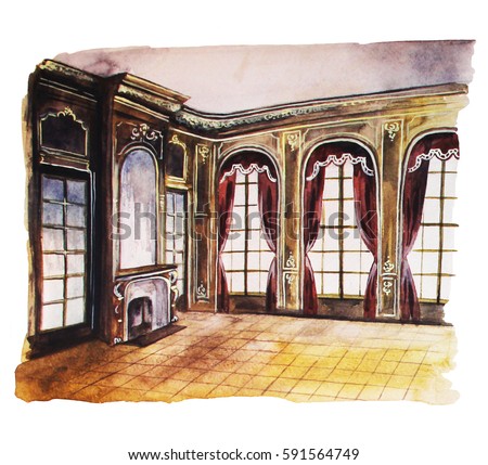Baroque hall, hand drawn watercolor illustration