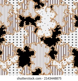 Baroque hand drawn  pattern with golden ribbons and chains, floral baroque elements. Vintage patch for scarfs, print, fabric, embroidery. Isolated on white background