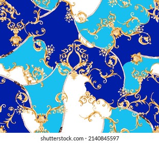 Baroque ornament beautiful gold seamless pattern illustration. Fabric motif texture repeated endless all over. Victorian floral decoration elements with belts and rope elements. Blue color shapes. 