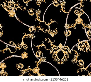 Baroque ornament gold seamless pattern illustration. Fabric motif texture repeated. Decoration golden with floral and victorian elements. Belts and rope illustration. Black background.