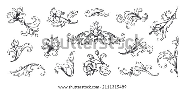 Baroque\
ornament. Vintage floral border elements, engraved leaves and frame\
filigree arabesque.  decorative ornamental\
set