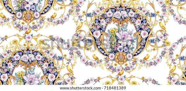 Baroque seamless pattern with garlands of roses and bouquet with white tulip 