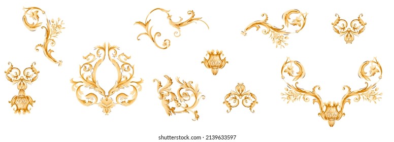 Baroque set of isolated illustration elements. Suitable for texture repeated.Ornament Decoration of victorian golden floral elements. White color background.