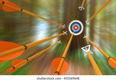 Barrage of arrows flying to an archery target in blurred motion, 3D rendering