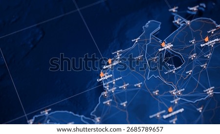 Barranquilla map big data visualization. Futuristic map infographic of city in Colombia. Visual map data complexity in modern blue and orange colors. 3D Illustration
