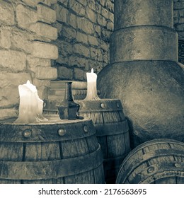 Barrel On The Alchemy Lab Background, 3d Illustration