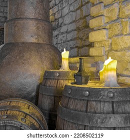 Barrel On The Alchemy Lab Background, 3d Illustration