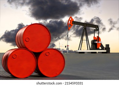 Barrels Of Oil Against The Backdrop Of An Oil Derrick And A Smoking Sky. Art Concept For An Oil Company, Changes In Fuel Prices, The Rate Of Extraction Of Fossil Materials, Energy Shortages. 3d Render