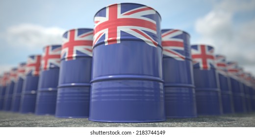 Barrels Or Oil Drums With Flag Of New Zealand. Petroleum Or Chemical Industry Related 3D Rendering