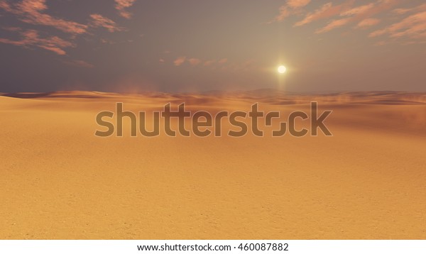Barren dunes in sandy african desert at sunset with\
haze and sun disk on horizon. 3D illustration was done from my own\
3D rendering\
file.
