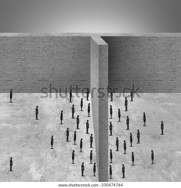 Barrier to business and restricted access to\
people due to a brick wall obstacle blocking communication and\
detached from social\
interaction.