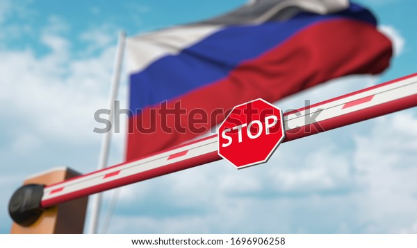 Barrier\
gate being closed with flag of Russia as a background. Russian\
restricted entry or certain ban. 3D\
rendering