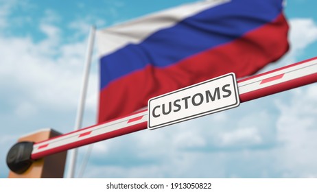 Barrier gate with customs sign being closed with flag of russia as a background. russian border closure or protective tariffs.  3D rendering