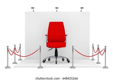 Barrier Rope Around Trade Show Booth With Red Leather Boss Office Chair On A White Backgroundl. 3d Rendering. 