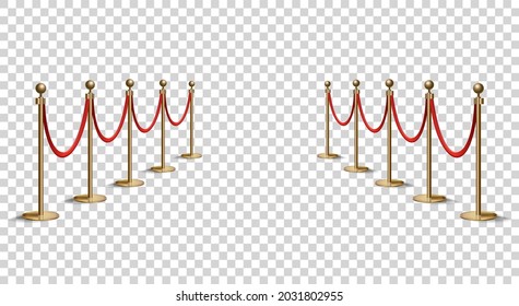 Barriers With Red Rope Line. VIP Zone, Closed Event Restriction. Realistic Image Of Golden Poles With Velvet Rope. Isolated On Transparent Background