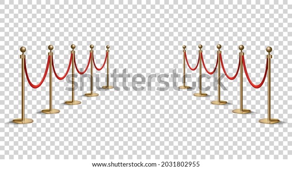 Barriers with red rope line. VIP zone, closed\
event restriction. Realistic image of golden poles with velvet\
rope. Isolated on transparent\
background
