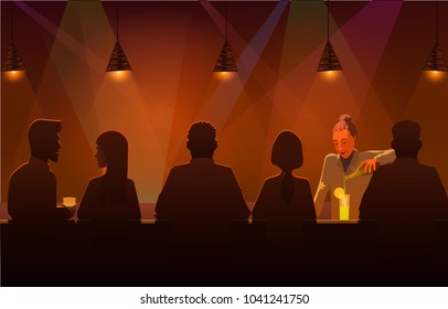 Bartender pouring drink in pub.  illustration of pub full of people and bartender serving drink. - Powered by Shutterstock