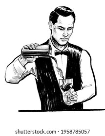 Bartender Preparing Alcohol Shake. Ink Black And White Drawing