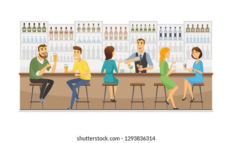 Bartender at work - cartoon people characters illustration. High quality colorful composition with bar, pub interior with shelves, people, man and woman drinking and talking, worker making cocktails - Powered by Shutterstock