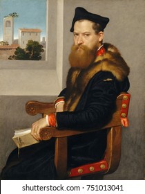 BARTOLOMMEO BONGHI, By Giovanni Battista Moroni, 1553, Italian Renaissance Oil Painting. Bonghi Was A Legal Scholar And Is Holding A Book On Roman Civil Law. Through The Window Is A Recognizable Tower