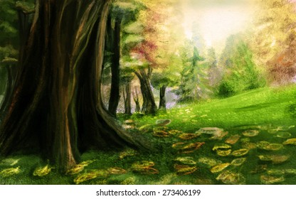 The base of a huge tree, glade. Digital sketch.