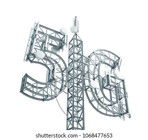 Base station antenna for mobile communication, made in the form of a 5G symbol. 3D illustration isolated on white background.
