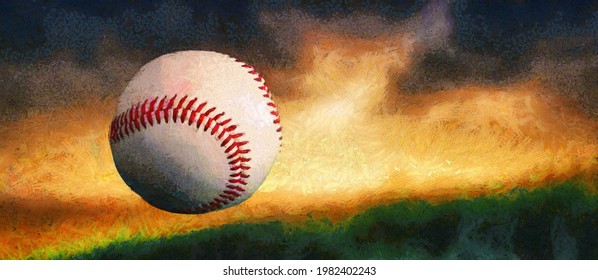 Baseball Ball In The Air. Evening Sunset. Wide Panoramic View. Artistic Work