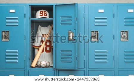 Baseball ball and bat in a school locker room.  Baseball sport equipment and training concept. 3d illustration