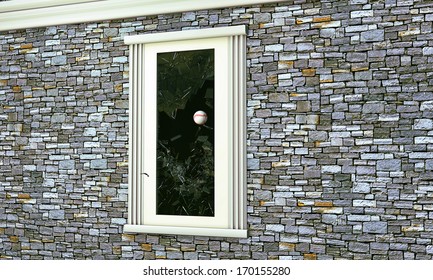 Baseball Ball Breaking A Window Glass